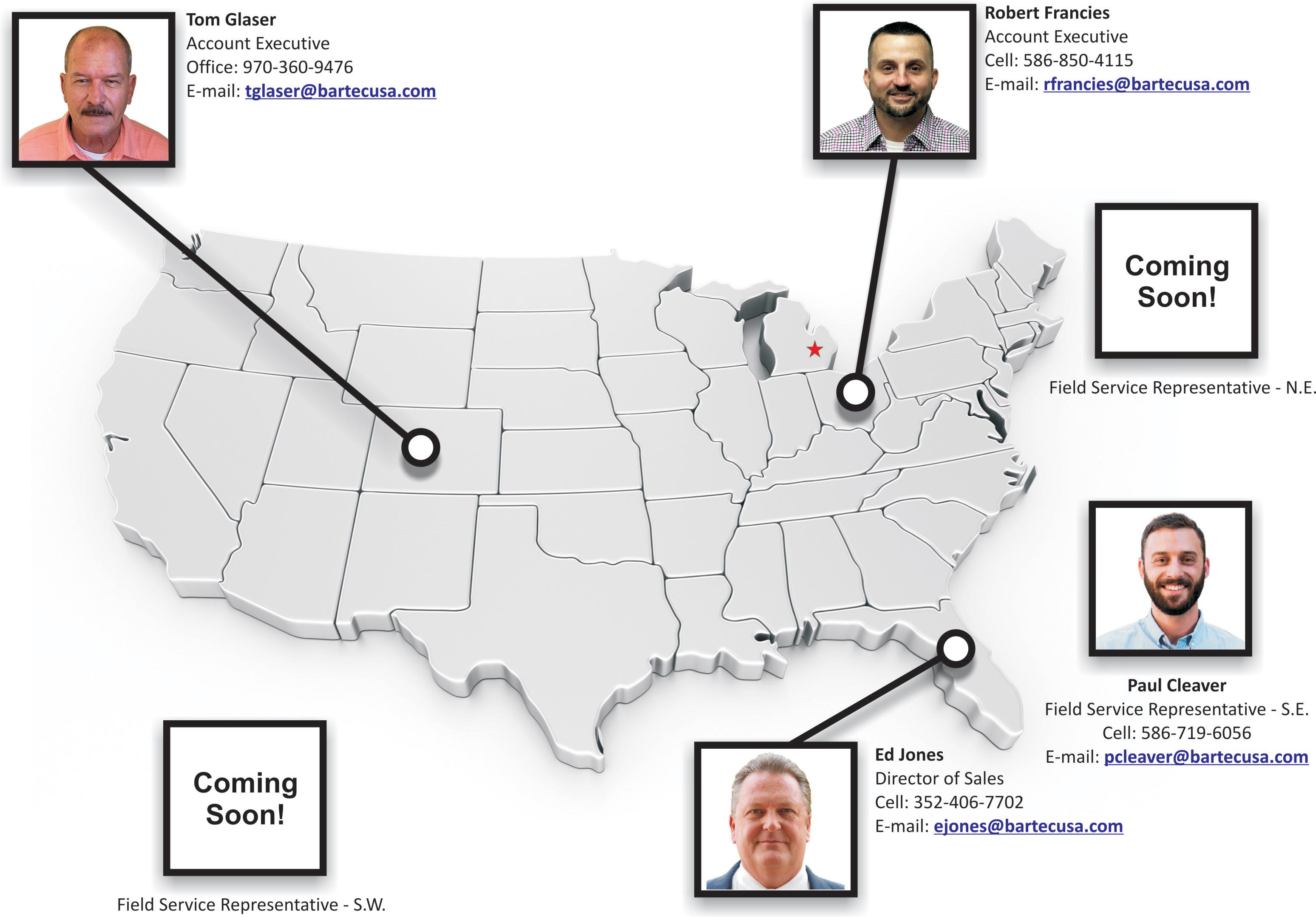Mapa del equipo de ventas de Bartec EE. UU.